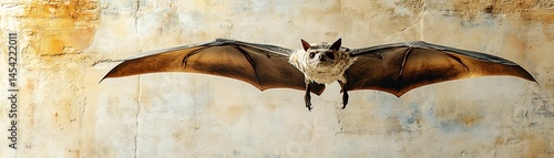 A close-up shot shows a flying mammal with large wings against a textured background. Its dark wings are outspread