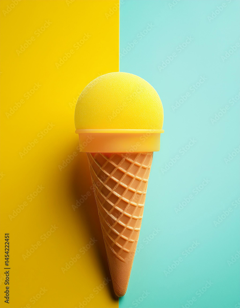 Eye level close up of a yellow ice cream cone against a split yellow and blue background. Sweet treat concept for summer, dessert, and refreshment themes. Eye level close up of a yellow ice cream cone against a split yellow and blue background. Sweet treat concept for summer, dessert, and refreshment themes.