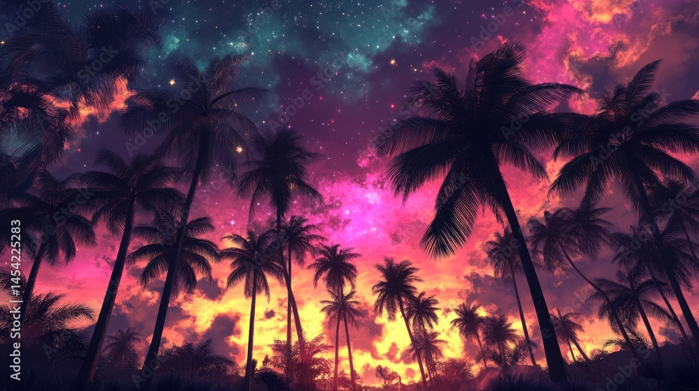 Naklejka premium Palm trees under a vibrant sunset sky