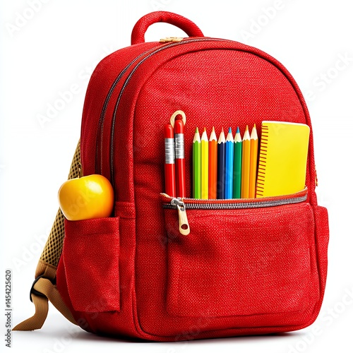 Red backpack with school supplies, including colored pencils, notepad, and an apple. The backpack is shown against a white background.  The image is bright and cheerful.