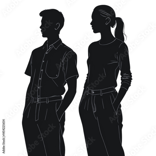 Silhouette of a man in a shirt and a woman with a ponytail standing side