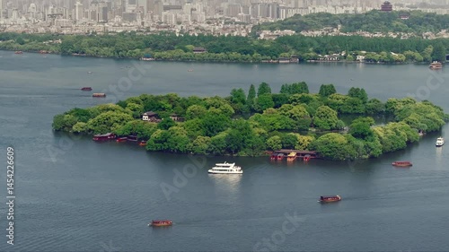 Wallpaper Mural Aerial view of natural scenery and cruise boat on West lake ,Hangzhou,China. Torontodigital.ca