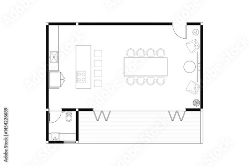 Open Plan Living Space Floor Plan with Kitchen, Dining, and Living Areas. 2
