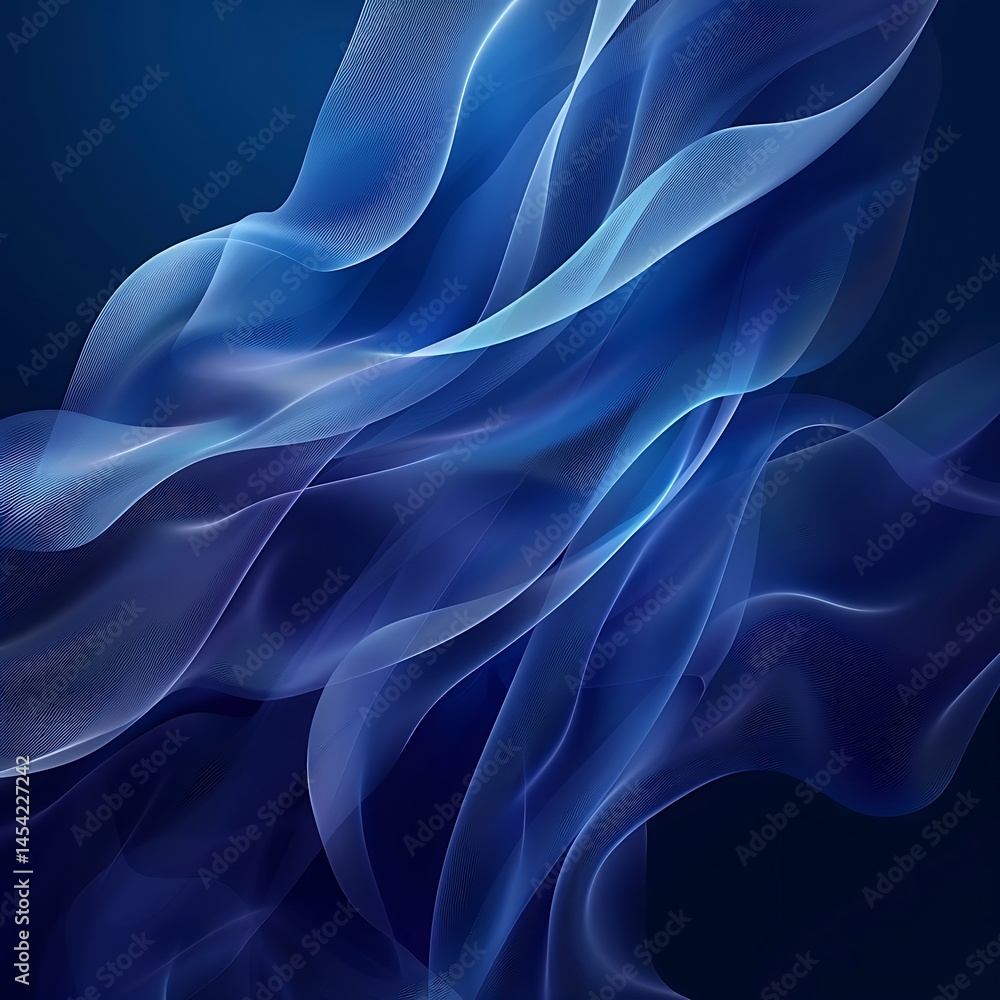 Obraz premium Abstract flowing blue and light blue smoke, fabric, or light waves on a dark background. Ethereal, serene, and dynamic movement. Imaginative. 
