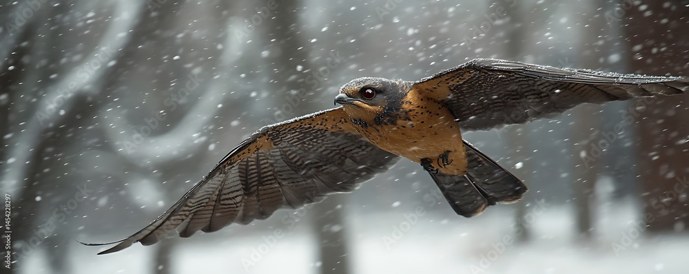 Fototapeta premium Raptor in Flight Through Snowfall