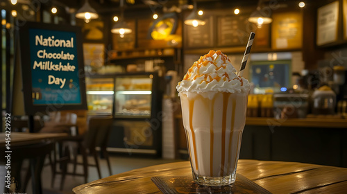 Delicious chocolate milkshake with caramel swirls, celebrating national day in cozy cafe