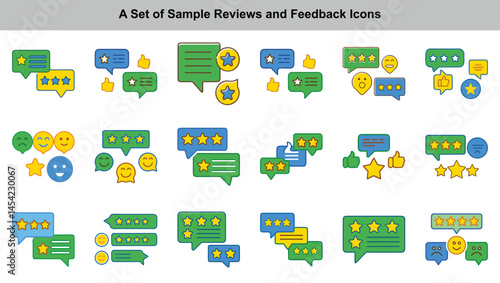 Customer Feedback Star Rating Icons Set Illustration, Speech Bubbles and Emoticons