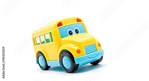 Yellow toy school bus with smiling face on white.
