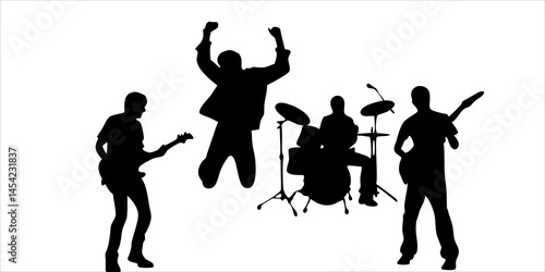 Energetic rock band silhouette powerful performance music live show guitarist drummer bassist