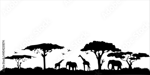 Serene African savanna silhouette art print featuring elephants giraffes acacia trees birds bold