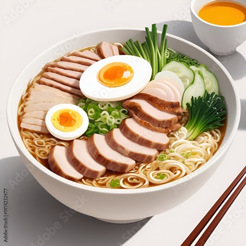 Ramen with fried eggs with chicken and vegetables
