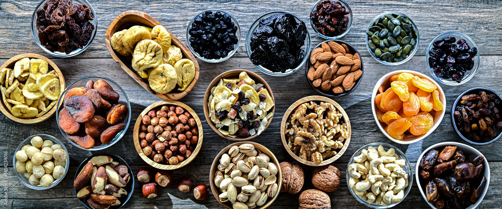 Composition with a variety of dried fruits and assorted nuts. Composition with a variety of dried fruits and assorted nuts.