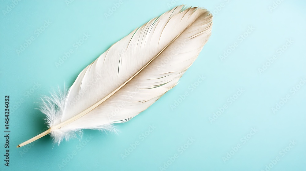 Naklejka premium Delicate white feather on a light blue background conveys simplicity and elegance
