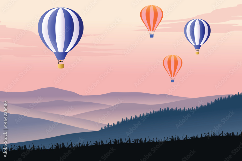 Fototapeta premium Colorful Hot Air Balloons Floating Over Serene Mountain Landscape at Dusk with Stunning Sunset Sky