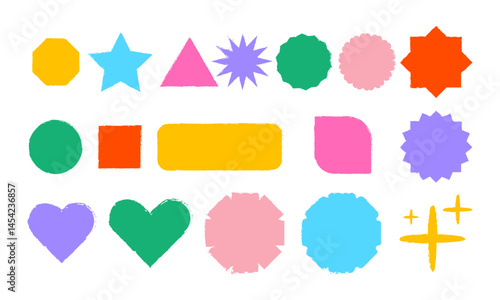 Set of basic grungy geomatric shapes. rough and messy stars, heart and basic shapes vector illustration.