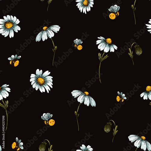 Whimsical Bees and White Flowers Seamless Pattern