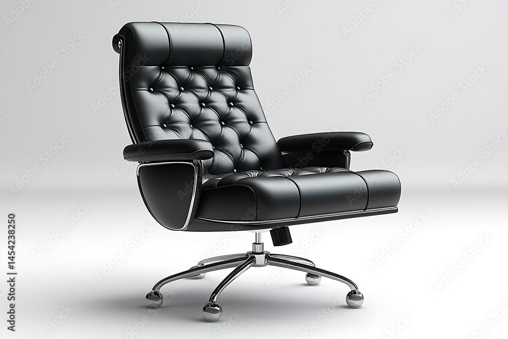 Naklejka premium A black leather executive chair with tufted upholstery is isolated against white background