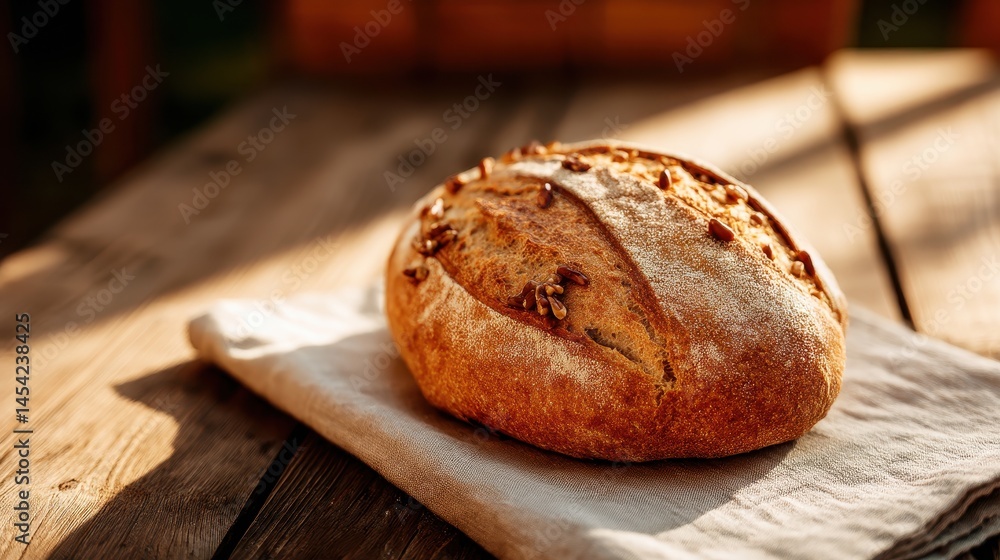 Freshly baked artisan bread resting on a linen cloth on a rustic wooden table Freshly baked artisan bread resting on a linen cloth on a rustic wooden table