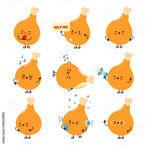 Playful cartoon Drumsticks showing various expressions, from love to sleep, on a white backdrop.