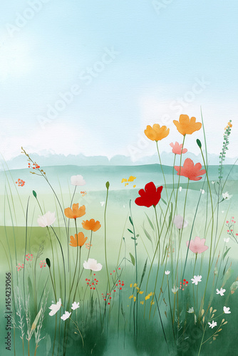 A field of flowers with a blue sky in the background