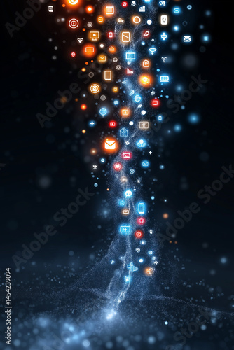 A stream of colorful icons and symbols are floating in the air