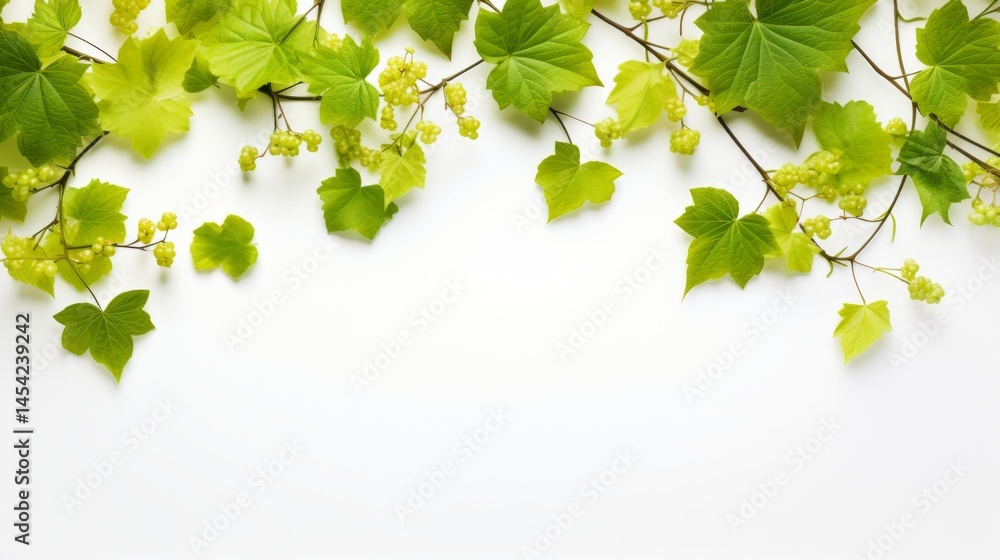 grapevine leaves as border on white background with copy space