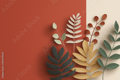 A red background with a bunch of leaves on it