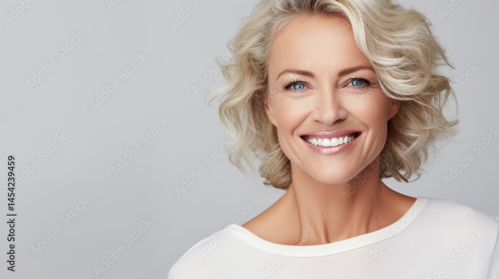 portrait of happy and laughing middle aged pretty woman