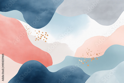 A painting of a mountain range with a blue sky and pink and blue colors