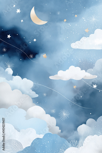 A blue sky with a large moon and stars