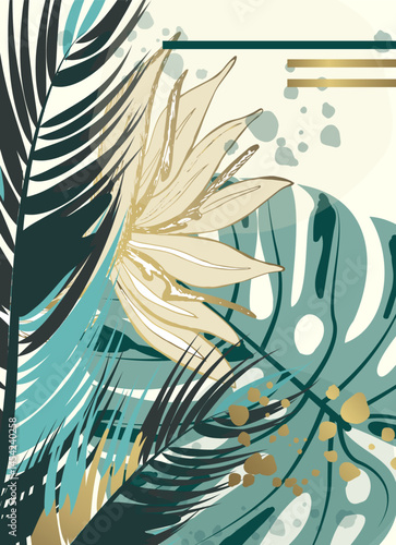 Abstract print of monstera and palm leaves, gold and green illustration of exotic foliage, minimalistic nature decor, trendy watercolor splatter poster, elegant modern home design