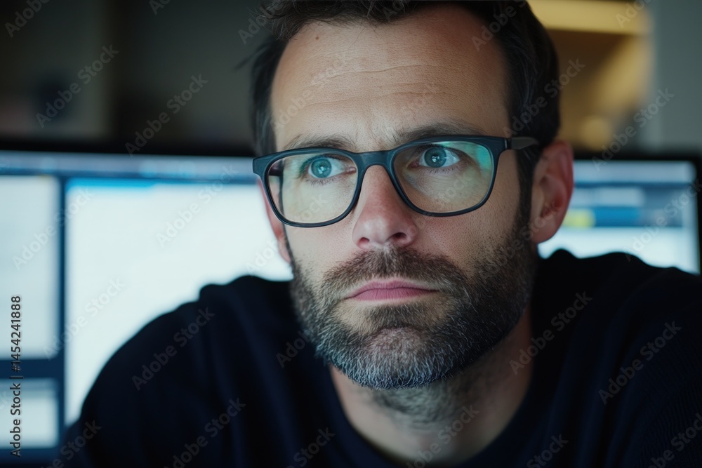 Focused man at computer late at night Focused man at computer late at night