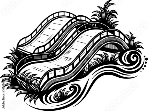 SVG vector of smart green cities powered by clean energy. Abstract black and white roller coaster design with flowing elements