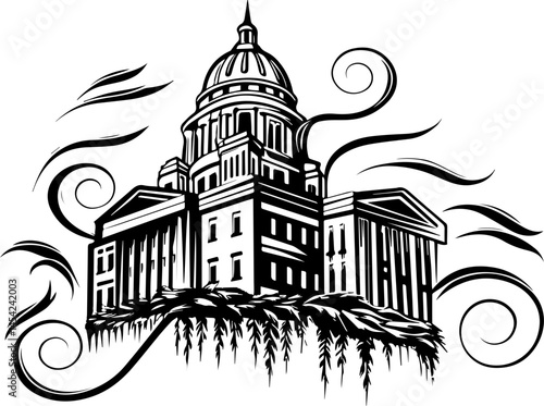 SVG vector of smart green cities powered by clean energy. Detailed Illustration of a Historical Government Building with Swirls
