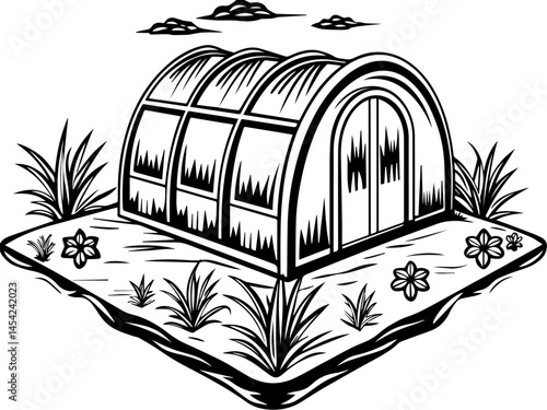 SVG vector of smart green cities powered by clean energy. Illustrated Greenhouse Surrounded by Grass and Decorative Flowers