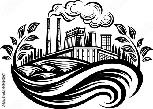 SVG vector of smart green cities powered by clean energy. Industrial Landscape with Factory, Smoke, and Natural Elements