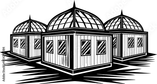 SVG vector of smart green cities powered by clean energy. Three Elegant Greenhouses with Glass Domes in Black and White Design