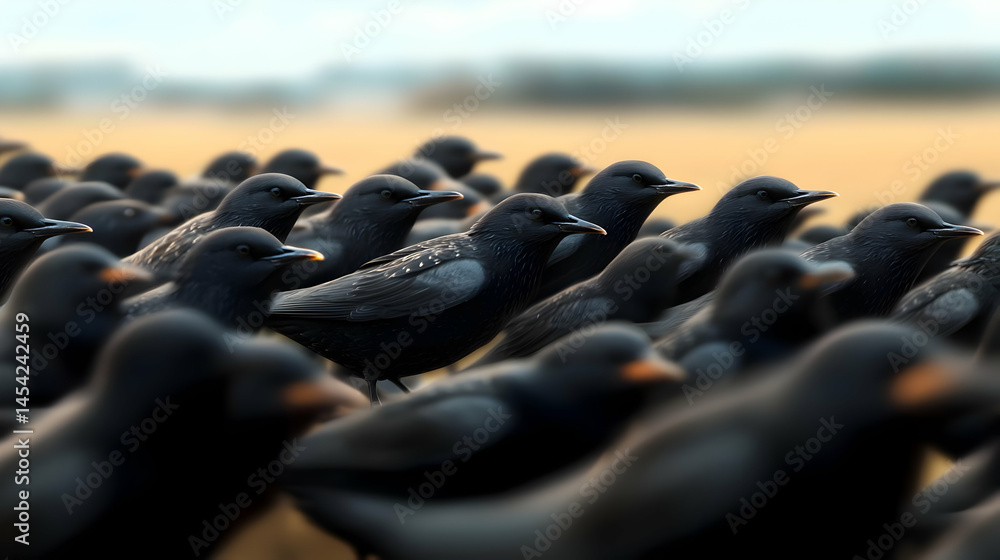 Fototapeta premium Flock Of Black Birds In A Field At Dawn