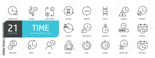 Set of line icons related to time, clock, watch. Outline icons collection. Editable stroke. Vector illustration.