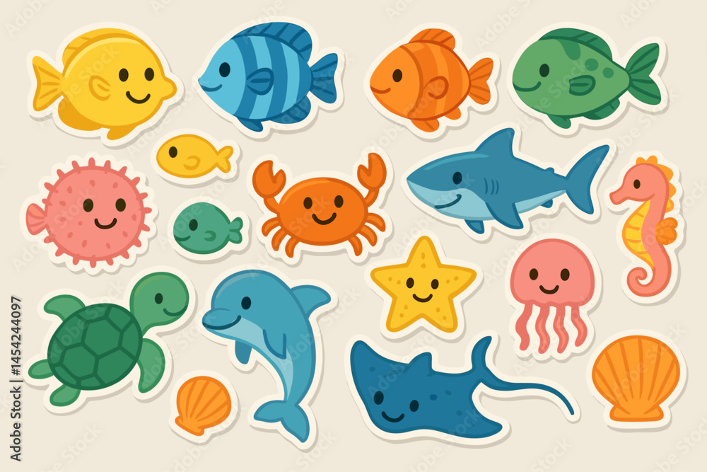 Fototapeta premium Cute Cartoon Sea Animals Collection with Smiling Faces