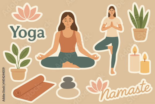 Woman Practicing Yoga Surrounded by Plants, Candles, and Wellness Elements Illustration