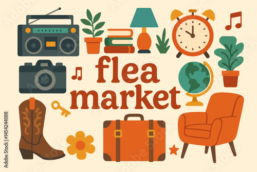Flea Market Vintage Items Illustration with Retro Objects