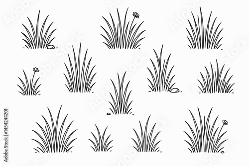 Hand Drawn Grass Tufts Collection Isolated on White Background