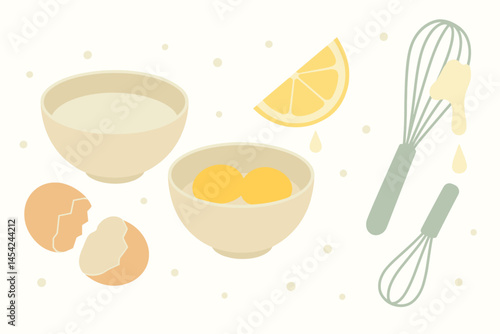 Baking Ingredients with Milk, Eggs, Lemon, and Whisk Illustration
