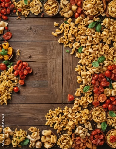 Vibrant pasta collage on rustic wood  Italian food theme , spilled, colors, cuisine