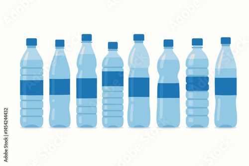 Row of Plastic Water Bottles with Blue Labels on White Background
