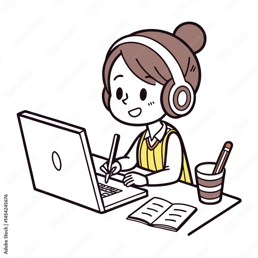 Flat character illustration of a girl sitting at a desk attending an online class with headphones and notes
Flat character illustration of a girl sitting at a desk attending an online class with headphones and notes