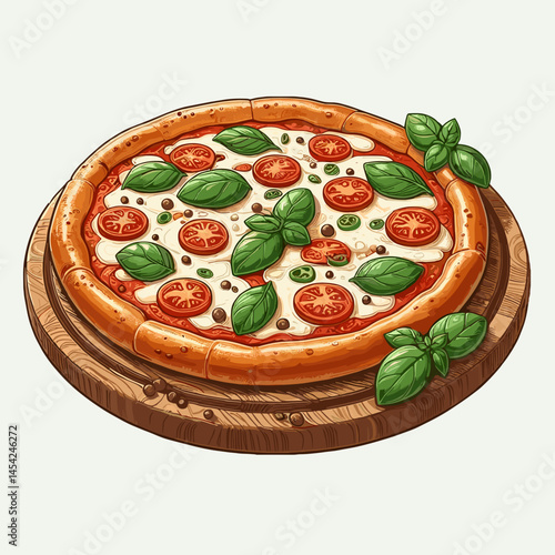 Italian Margherita pizza on a wooden board with basil leaves, colored vector on white background