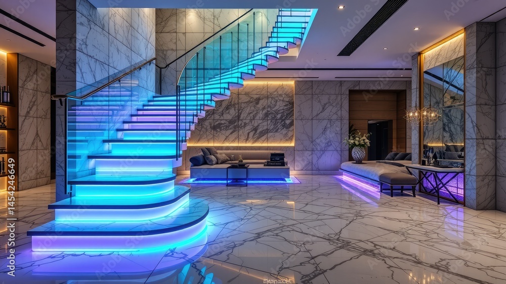 Fototapeta premium Modern Guest Room with Floating Neon Stairs and Marble Flooring