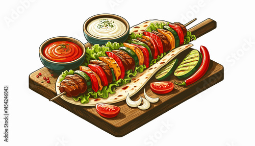 Turkish kebab on flatbread with grilled veggies and spicy sauce, colored vector on white background